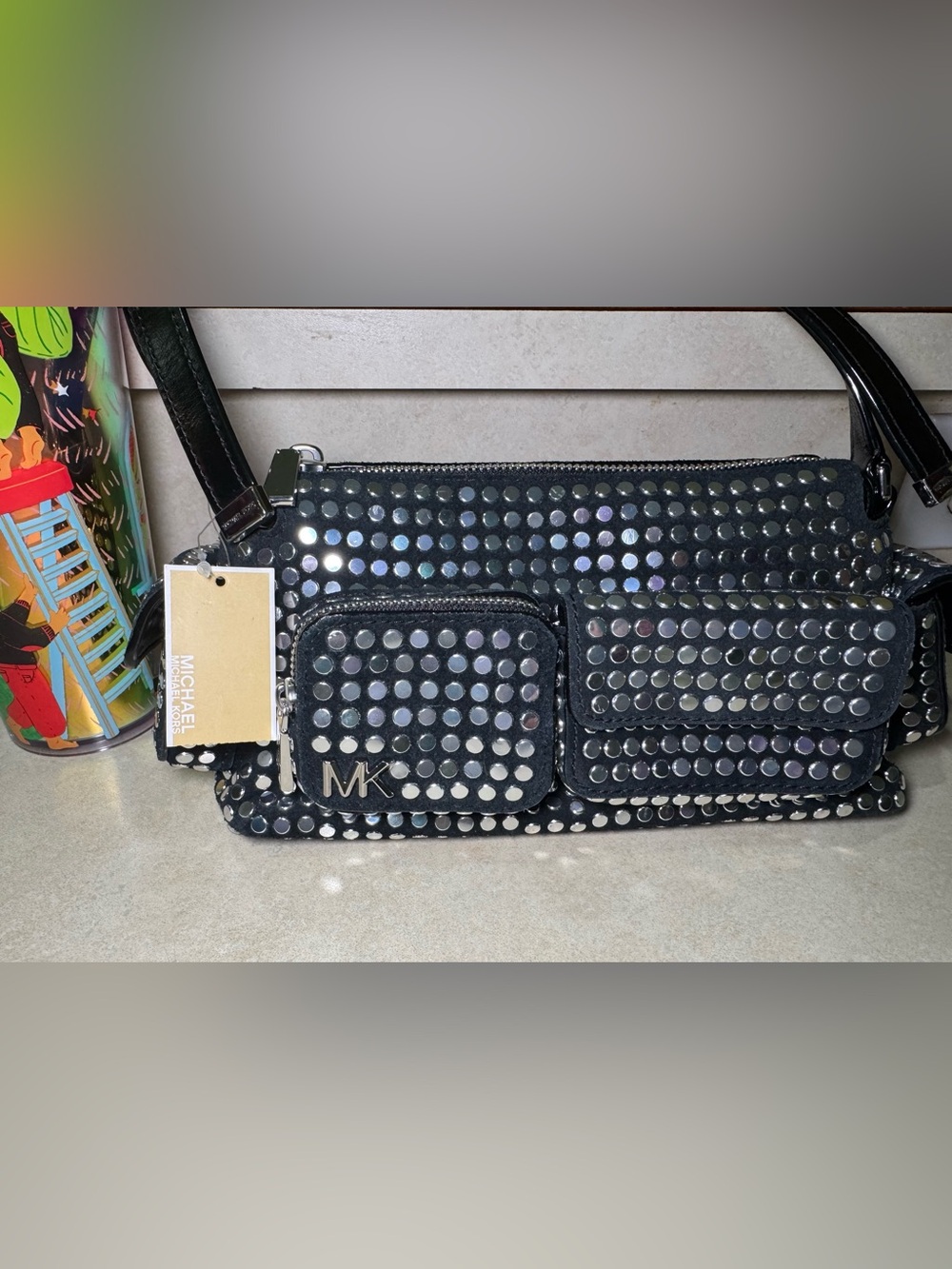 Michael Kors Dakota Black Suede  Studded Shoulder / Crossbody Bag NWT MSRP-$398